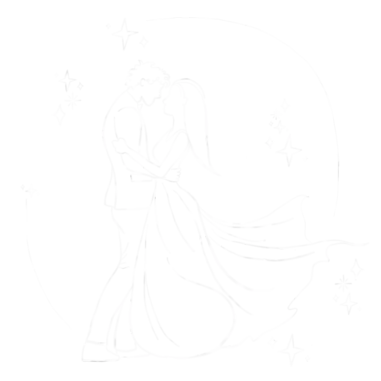 A bride and groom dancing among the stars